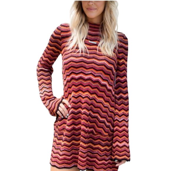 Free People Ziggy Chevron Bell Sleeve Sweater Dress Autumnal Retro Size M - Picture 4 of 12